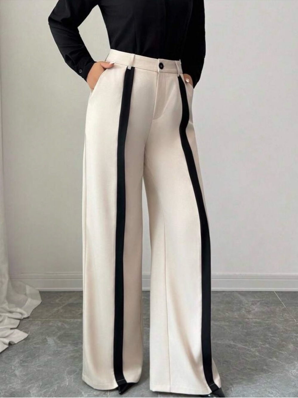 High-Rise Cream Wide-Leg Pants with Black Tuxedo Stripe